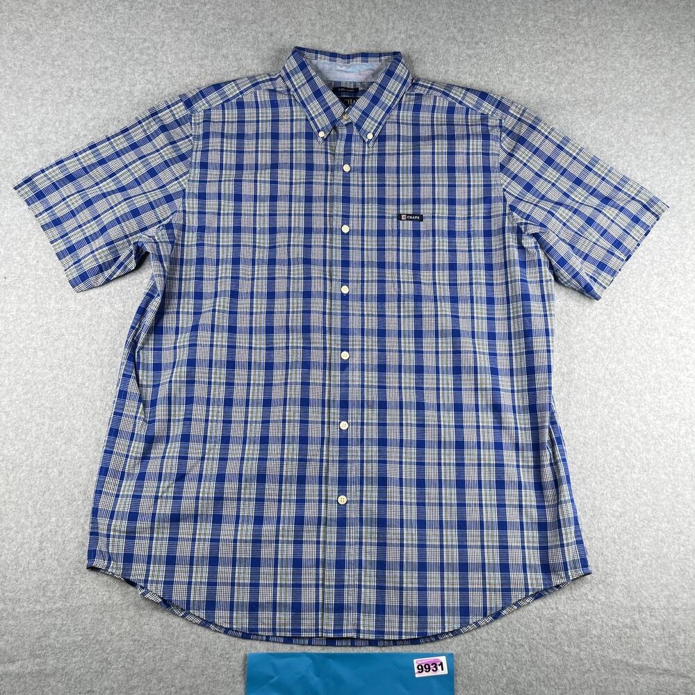 Chaps Easy Care Shirt XL Blue Plaid Casual Button Up Short Sleeve Mens